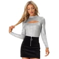 thumbnail image 1 of Camiseta de Fiesta con Purpurina para Mujer Camiseta de Cuello Alto Manga Larga Blusa Informal Plata M, 1 of 6