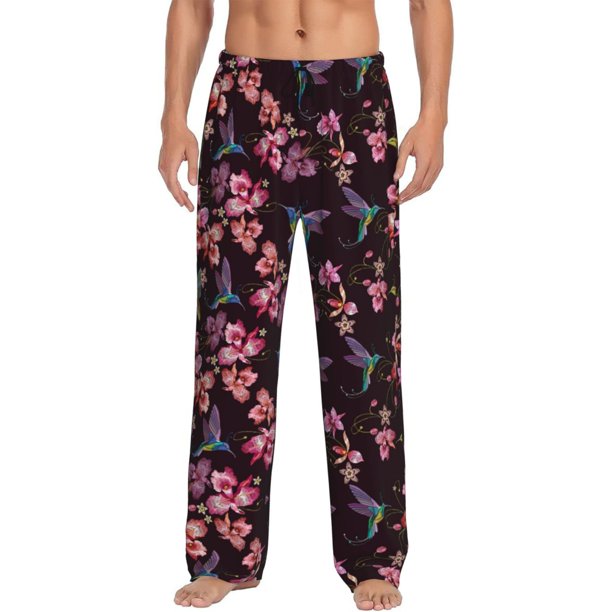 Fotbe Humming Bird And Tropical Pantalones de Pijama para Hombre, Pantalones de Dormir, Pantalones de Casa con Cintura Ajustable y Bolsillos-Medium