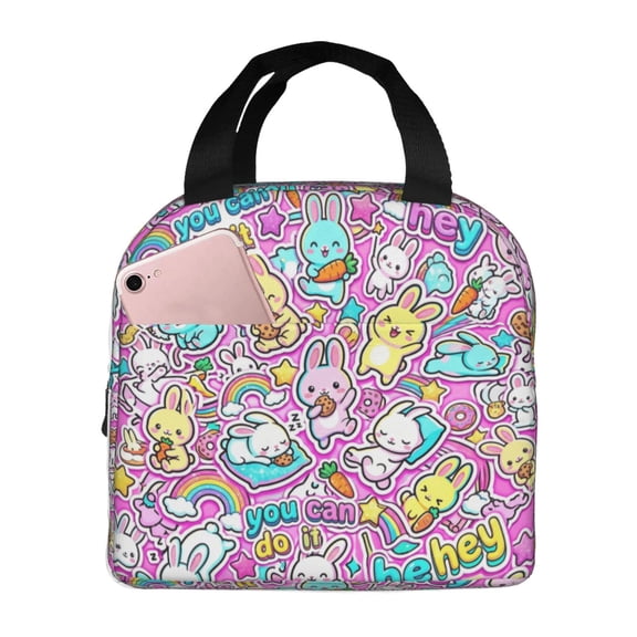 Bunny Insulated Lunch Bag Stylish Rabbit Print Reusable Cooler Tote With Front Pocket Handheld Portable Meal Prep Bag For Work Office Picnic Trip Daily Use