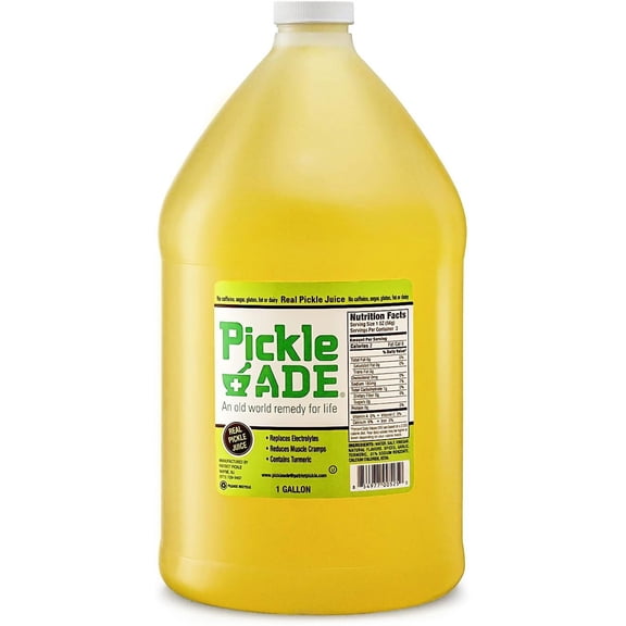 PickleAde Real Dill Pickle Juice with Turmeric, 1 Gallon 128 oz Bulk Size Pickle Juice Sports Drink Electrolyte Replacement Pickle Brine for Muscle and Leg Cramp Relief