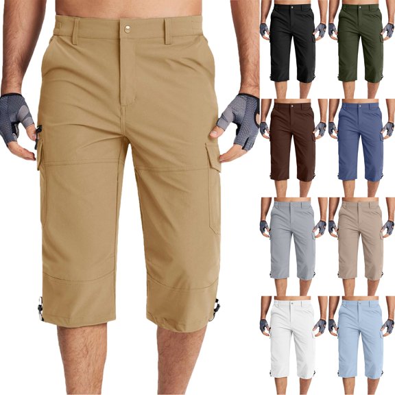 Havenre Men's Workout Shorts 7 Pockets Lightweight Straight Leg Quick Dry 3/4 Capri Pants Zipper Pockets Elastic Waist Basic Solid Hiking Athletic Shorts White M