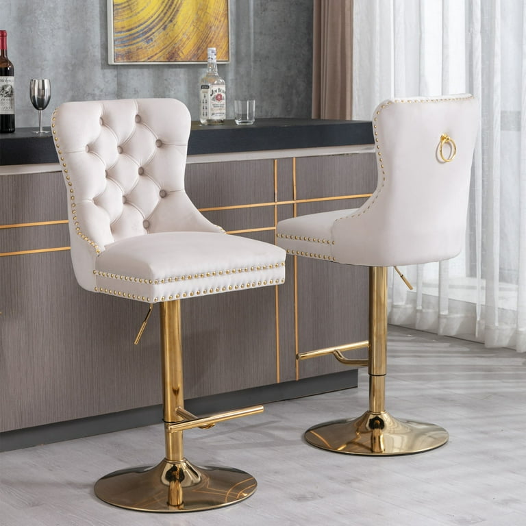 Round Kitchen High Bar Chairs with Golden Base Velvet Bar Stool Chair Height Adjustable from 27 35 inch Counter Chair with Back Swivel Barstool with