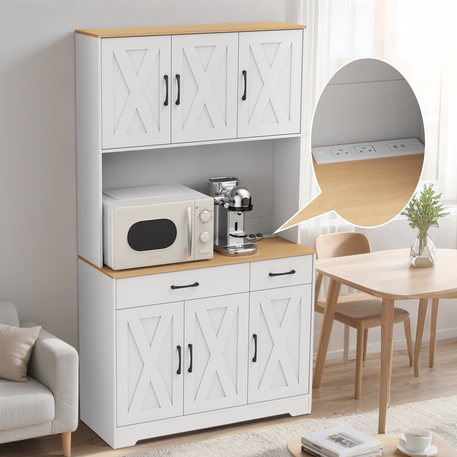 67" Tall Kitchen Pantry Cabinet with Charging Station, Farmhouse Hutch with Microwave Stand & Drawers for Dining Room & Living Room Storage，White