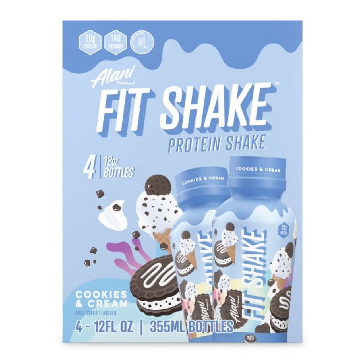 Alani Nu Protein Shake Ready to Drink Naturally Flavored Gluten Free Only  140 Calories with 20g Protein per 12 Fl Oz bottle (Cookies & Cream 4 Pack)  Cookies & Cream 4 Pack