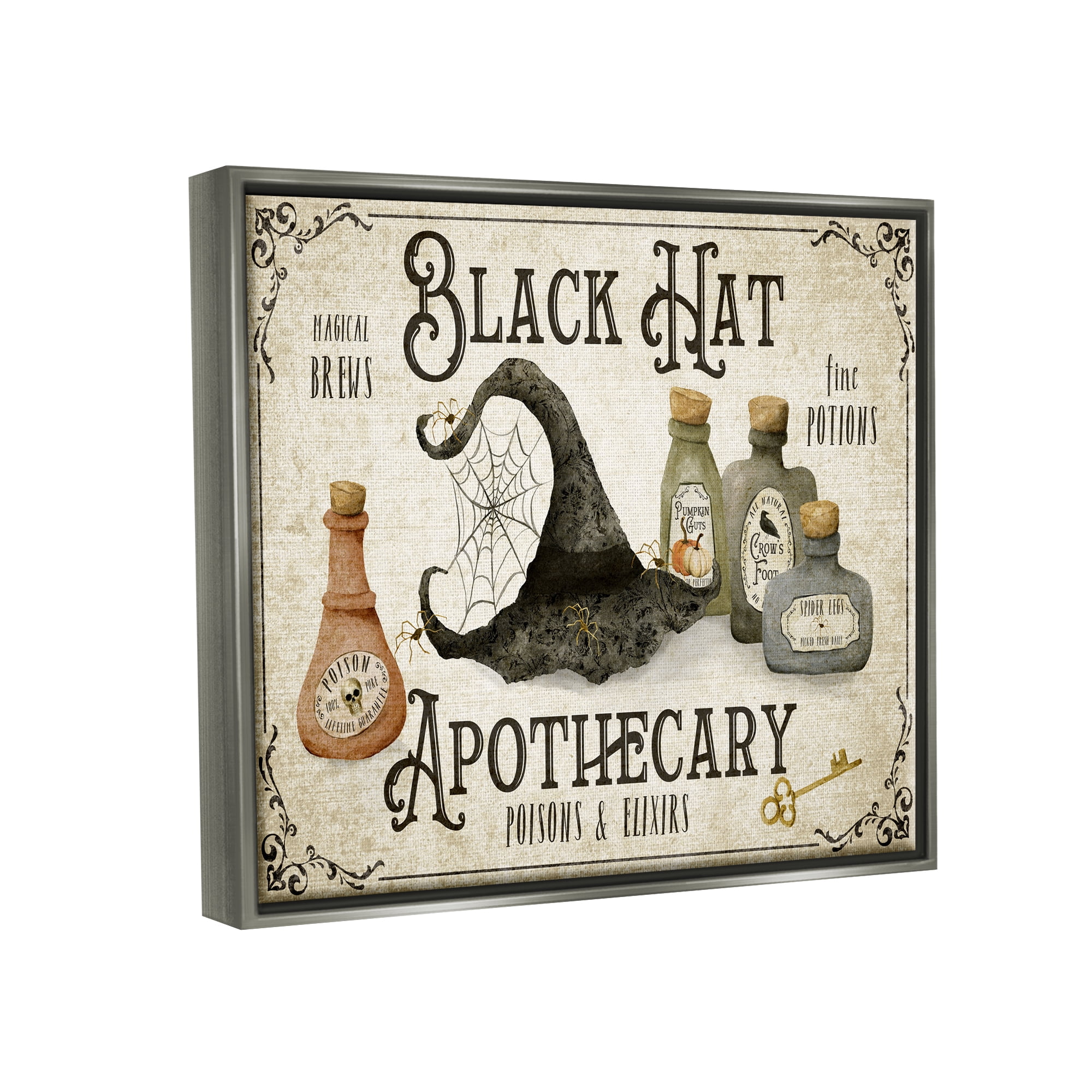 Stupell Industries Black Hat Apothecary Potions Holiday Painting Gray Floater Framed Canvas Art Print Wall Art, 31 x 25