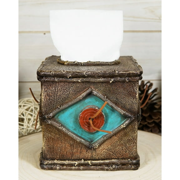 Rustic Country Western Turquoise Bullseye Faux Branch Wood Tissue Box Cover