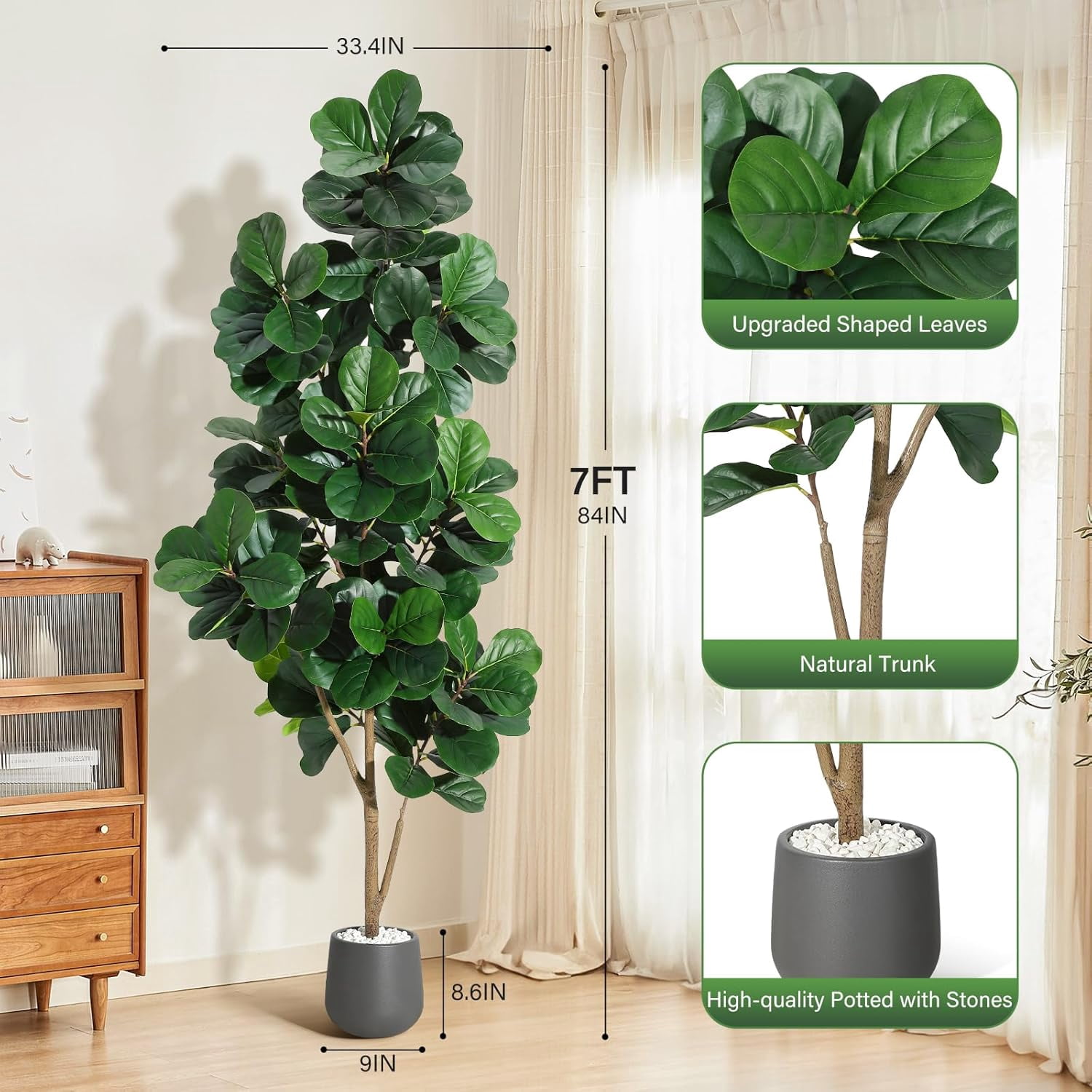 7FT Fiddle Leaf Fig Tree Artificial, Realistic Faux Ficus Lyrata Trees with 141 Leaves, Indoor Fake Floor Plants for Home Office Living Room Decor, with 9" Gray Planter Pot