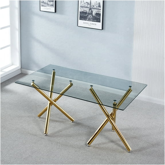 JERFIT Modern 6-Seater Rectangular Dining Table with Gold Stainless Steel Base, Tempered Glass Top Kitchen Table for Dining Room