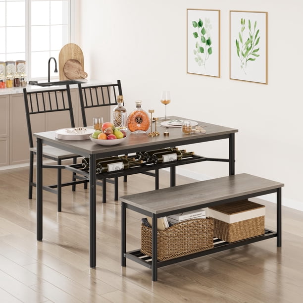 Yeshouse Mesa de comedor para 4 con el banco y 2 sillas, mesa de cocina Rectangular con Rack de vino para el pequeño espacio, apartamento