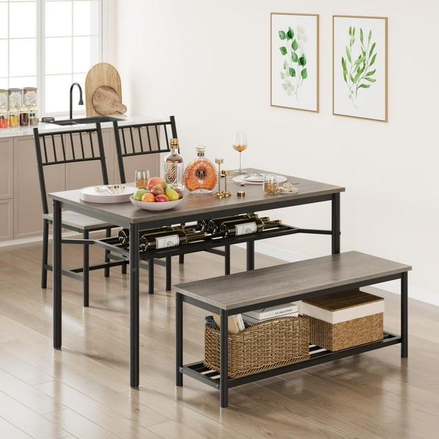 EDTara Ensemble de Table à Manger, Table et Chaises de Cuisine pour 4 avec Étagères de Rangement, Ensemble de Table à Manger Rétro avec Banc et 2 Chaises, Mobilier de Cuisine, Appartement, Gris