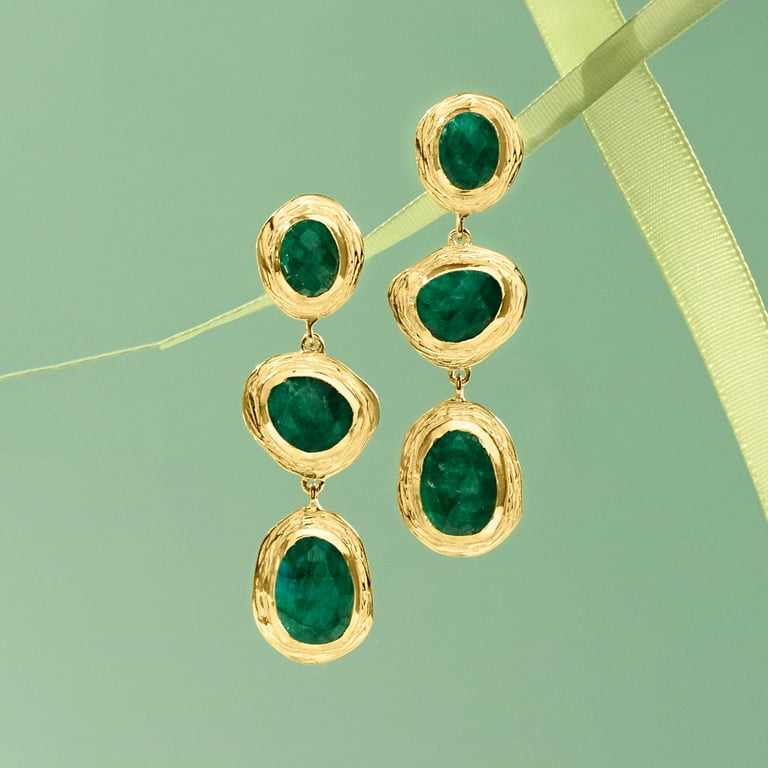 Ross Simons 17.90 ct. t.w. Emerald Station Drop Earrings in 18kt