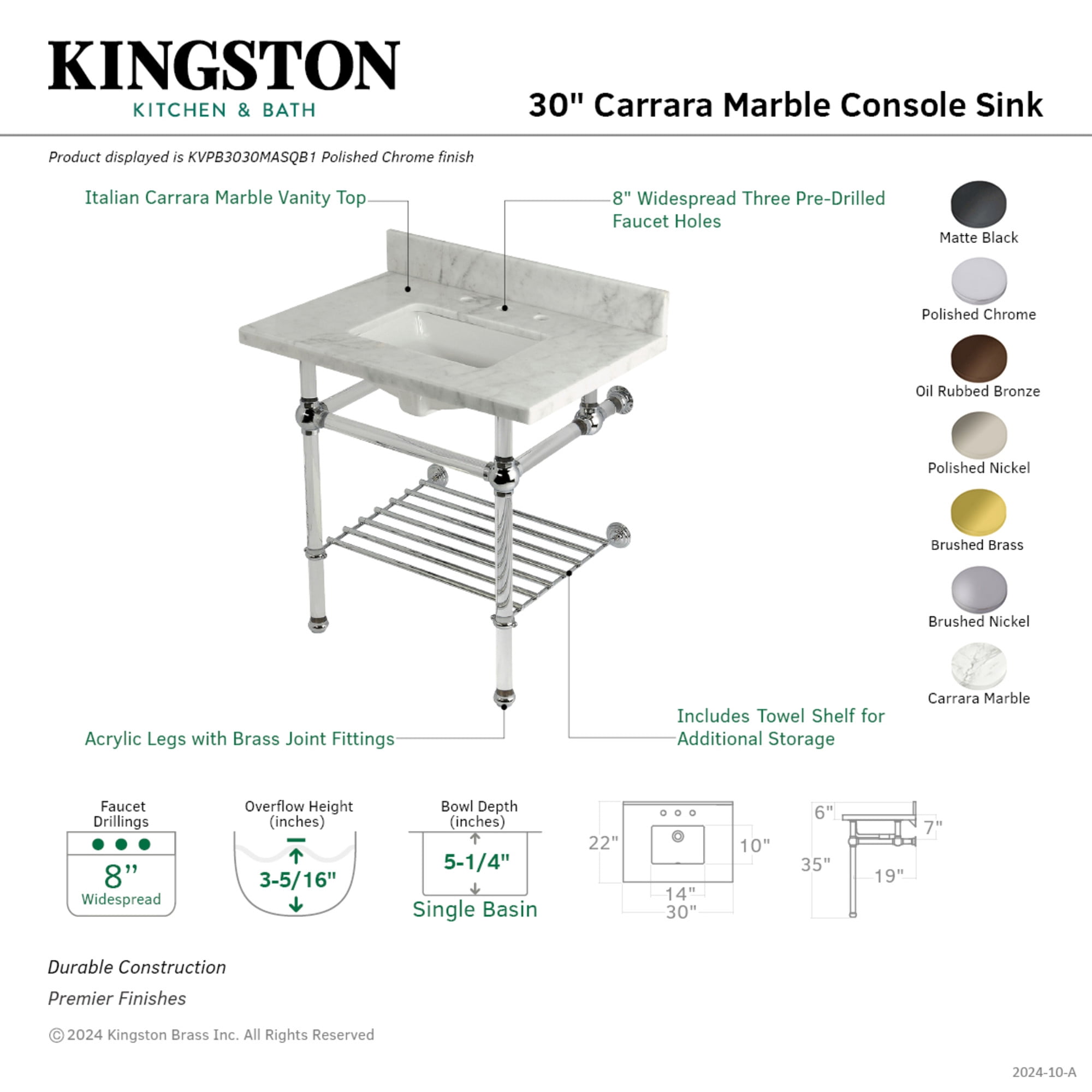 Kingston Brass KVPB3030MASQB0 Templeton 30" Carrara Marble Console Sink with Acrylic Legs and Shelf (8-Inch, 3-Hole), Carrara Marble White/Matte Black