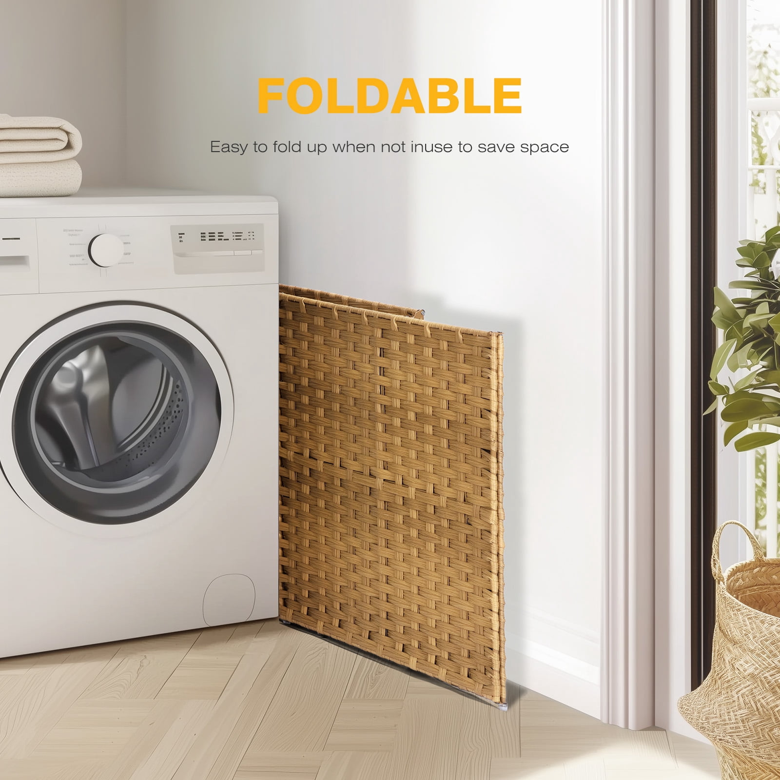 CONCETTA Laundry Hamper with lid, No Install Needed, 90L Wicker Laundry Baskets Foldable Removable Liner Bags, Yellow