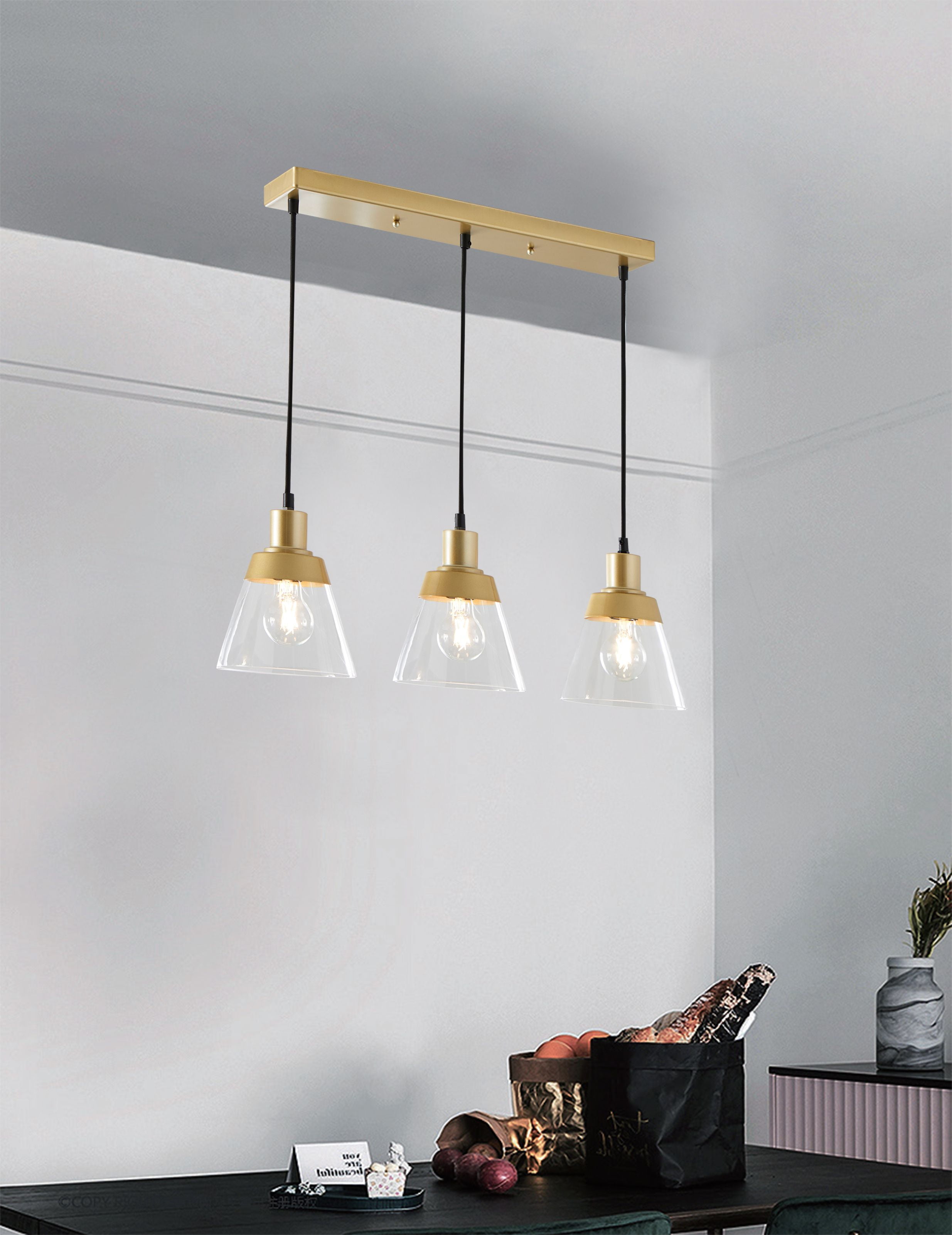 Better Homes & Gardens Three Clear Glass Pendant Burnished Brass, A19×3 40W Soft White, Medium Base, Dimmable, 1 pack