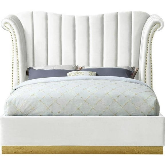 Maklaine Contemporary Solid Wood and Velvet Queen Bed in White