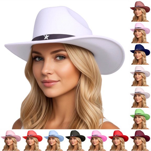 XIAOCHA Women's Star Charm Wool Cowboy Hat Solid Outdoor Farm Wide Brim Western Hat,White