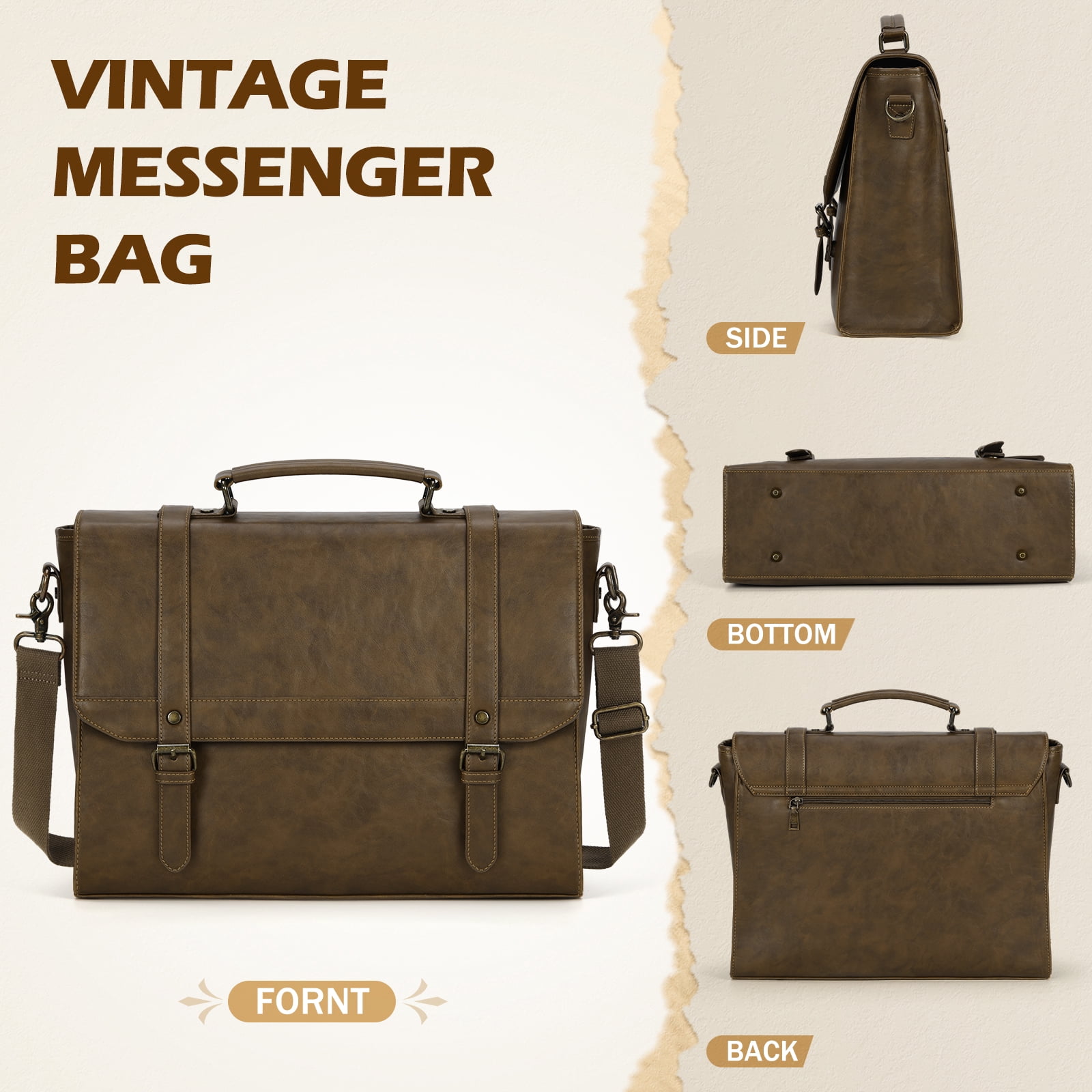 RAINSMORE Messenger Bag for Men 15.6 inch Vintage Leather Waterproof Laptop Briefcase Computer Laptop Bag Large Satchel Bag Retro Shoulder Bag for Office Business College,Khaki
