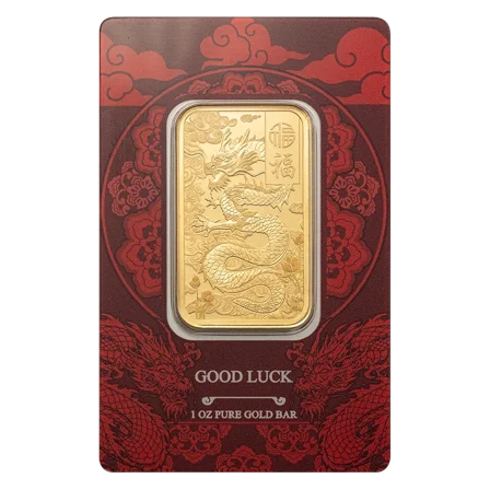 1 oz PAMP Suisse Good Luck Yellow Dragon Gold Minted Bar (in Assay)