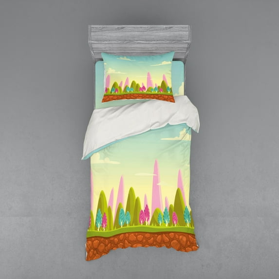 Ambesonne Forest Bedding Set 3 Pcs, Fantasy Cartoon Illustration, Twin XL, Multicolor