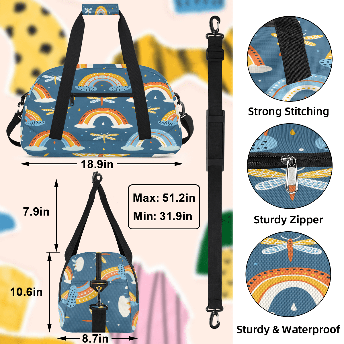 Herdesigns Dragonfly Sports Duffle Bag for Women & Men, Cute Rainbow Gym Bag Dance Bag Overnight Bag Carry On Weekender Travel Bag