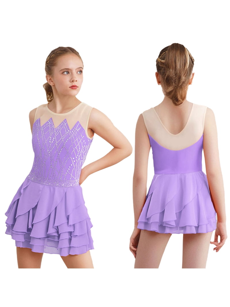 light purple figure skating dress Doomiva Kids Girls Sparkly Figure Skating Dress Sleeveless Modern Ice Skating Dress for Dance Practice Training Light Purple 4, Girl's