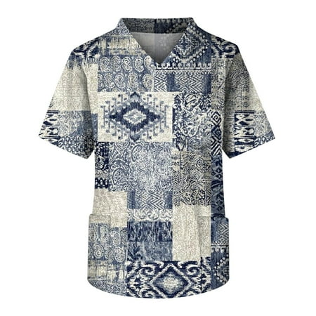 

Umitay Black Scrubs Men s Short Sleeve V Neck VintagePrint Chest Pocket Carer Top