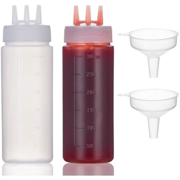 3 Hole Squeeze Bottle, Ketchup Bottles Squeeze Plastic Condiment Squeeze Bottles 3-hole 2 pcs, 300ml/10oz for Sauce Ketchup Mustard Syrup BBQ, Squirt Bottles for Kitchen Arts and Crafts