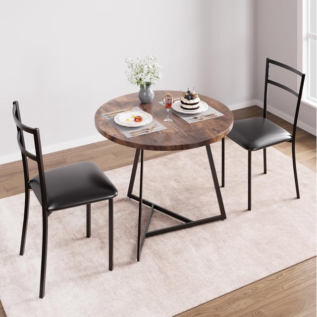 3-Piece Round Dining Set for 2 with Upholstered Chairs, for Small Spaces