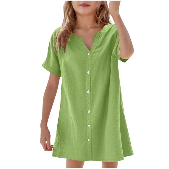 lcziwo Summer Linen Dress for Girls Trendy Roll Up Short Sleeve Tshirts Dresses Loose Button Down V Neck Sundresses Green Ofertas Del Dia de Hoy Relampago
