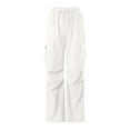 thumbnail image 4 of vigerkar Cargo Pants High for Women Waisted Wide Leg Trousers Elastic Waist Stretch Drawstring Casual Pants with Pockets White, L, 4 of 5