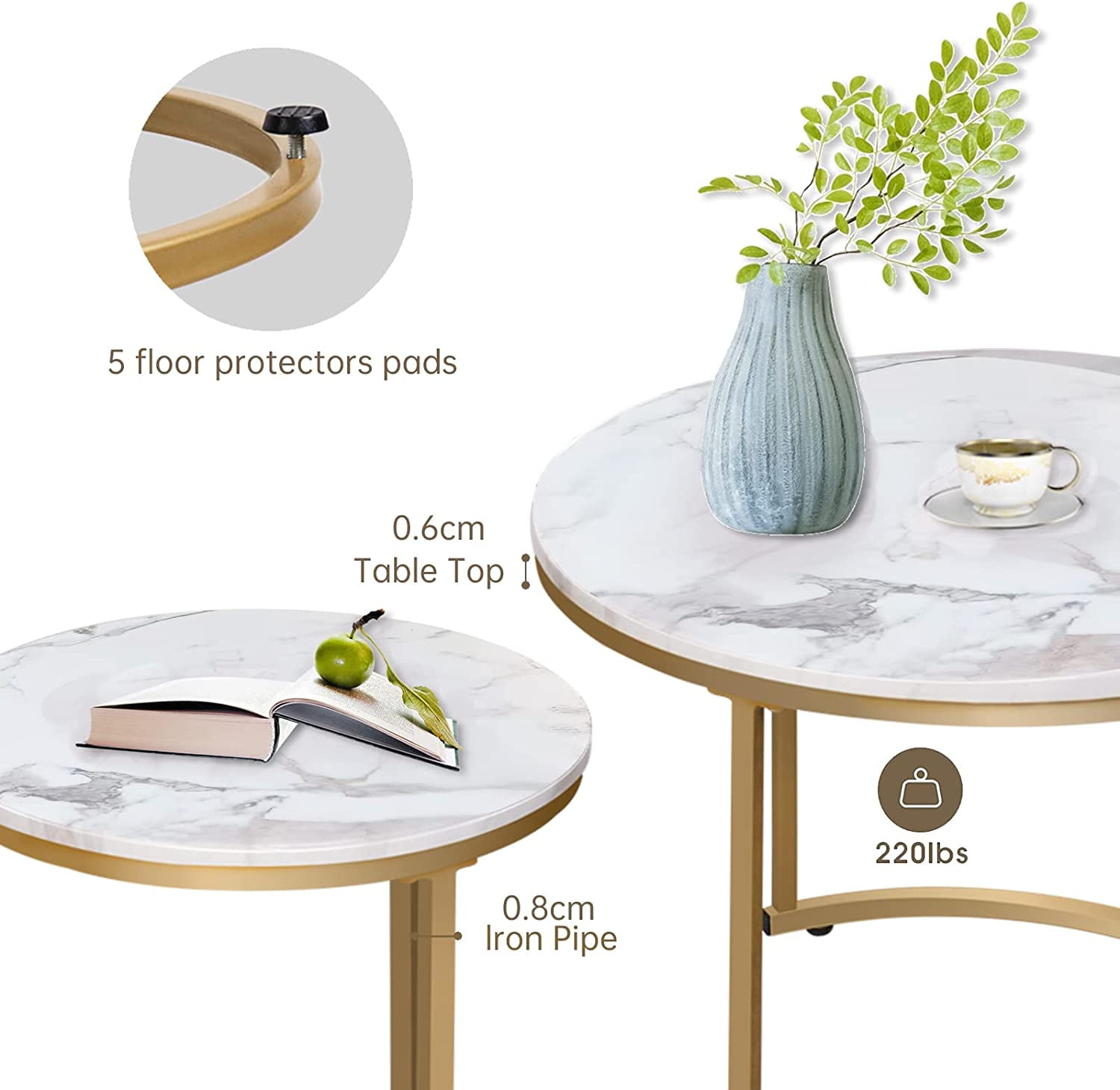 Callalily Round Coffee Table Set of 2 Modern Nesting Golden Frame Circular and Marble Pattern Wooden Stacking Accent Coffee Tables Metal Frame for Apartment Living, White