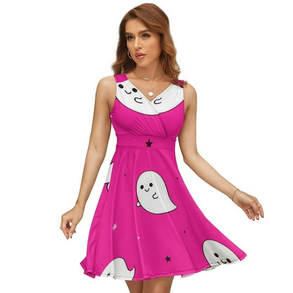 Cute Ghosts Halloween Themed Pink Pattern Dress Summer Street Style Dresses Female Sleeveless Printed Sundress