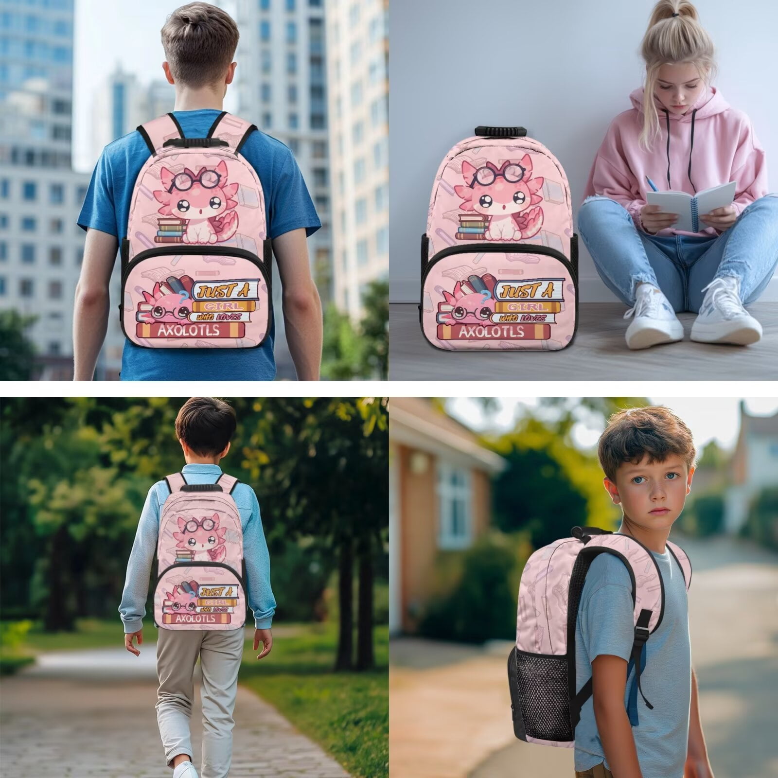 Pzuqiu Book Axolotl Girls Backpack Set of 4 17 Inch School Bookbag Purse with Reusable Lunch Tote Bag Pencil Case 2pcs Bookmark for Kids Elementary Middle Schoolbags