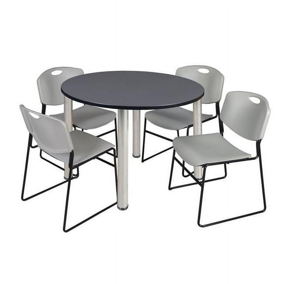 48 in. Gray & Chrome Kee Round Breakroom Table with 4 Gray Zeng Stack Chairs