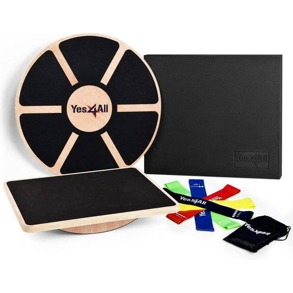 Yes4All Combo 4-in-1 Set for Full Body Workout, Wooden Wobble Balance Board with Rocker Balance Board, Balance Pad & Exercise Bands