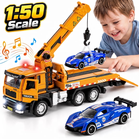 Funvip Kids Construction Toys for Boys, Crane Truck Toy for Toddlers, with Race Car, Engineering Vehicles with Light & Sound, Birthday Gift for 4-7 Years Kids