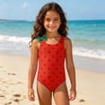 thumbnail image 4 of Girls One Piece Watermelon Print Swimsuit with Cute Bow Ruffle , Adorable Bathing Suit, Kids Summer Swimwear for Beach Pool Wear(Red,5-6 Years), 4 of 8
