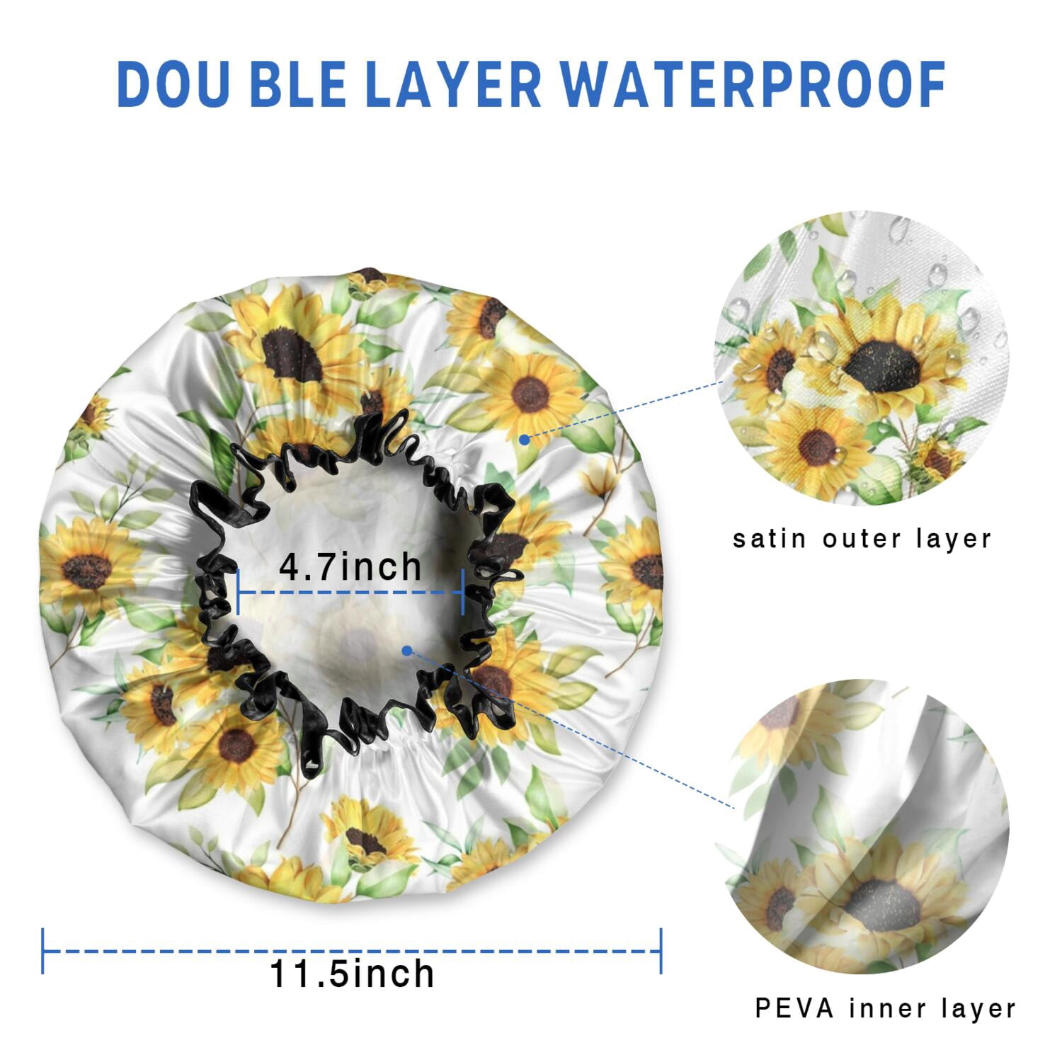 Shower Caps,White Green Leaf Sunflower Pattern Waterproof Shower Cap for Women 4 Pieces,Double Reusable Hair Cover for Shower PEVA Elastic Stretch Hem