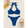 Blue Womens Halter Neck Twist Front Bikini Set With Gold-Tone Ring ...