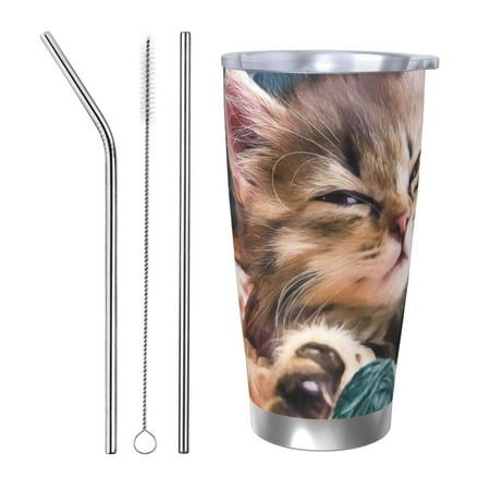 

Salouo Playful Cat Print 20oz Tumbler with Lid Stainless Steel Vacuum Insulated Tumbler Durable Insulated Coffee Mug Thermal Cup with Splash Proof Sliding Lid-Straw Three-piece Set