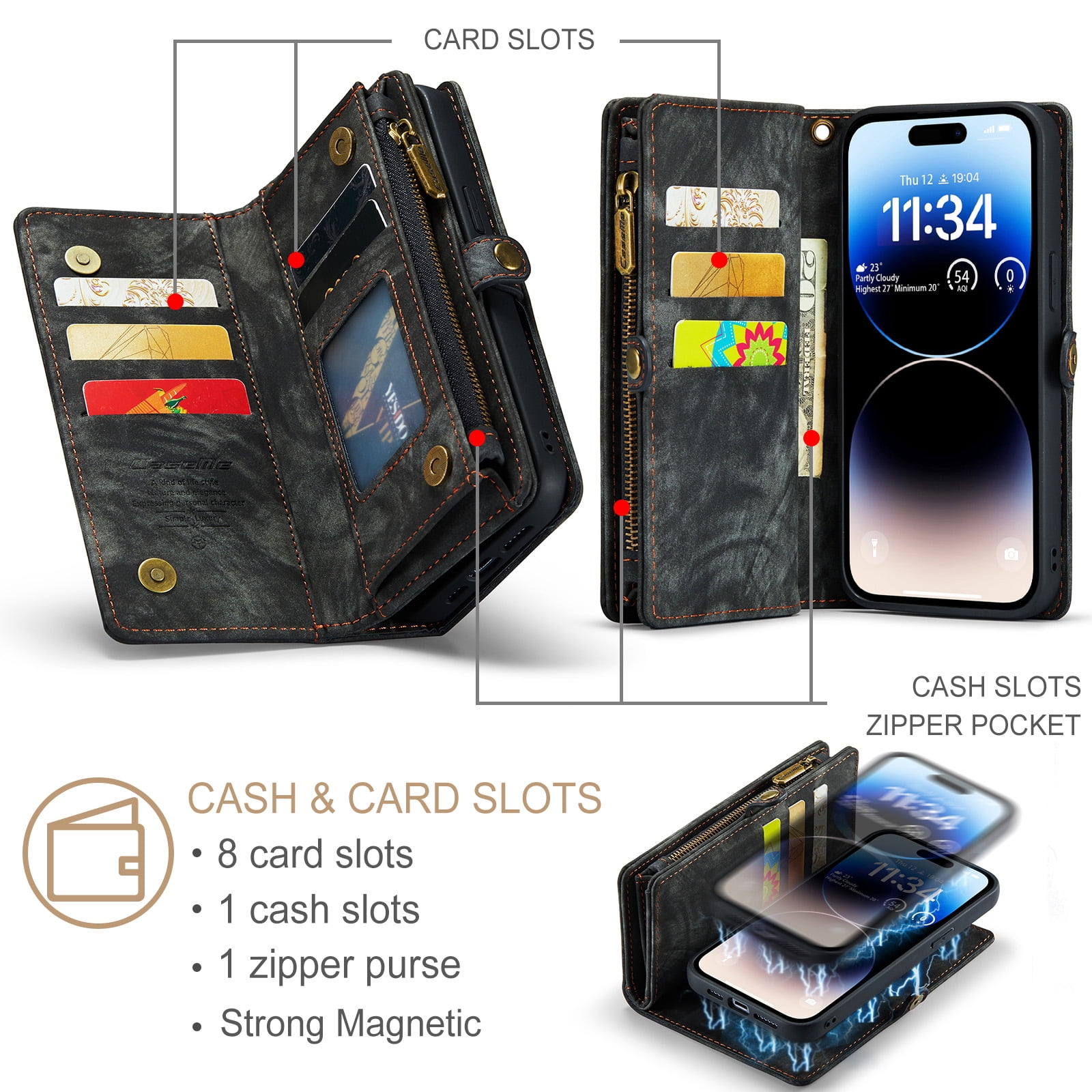 TECH CIRCLE Apple iPhone 14 Pro Max Case,iPhone 14 Pro Max Wallet Case with Card Holder Kickstand Zipper Pocket Lanyard Strap Wristlet PU Leather Flip Case Wallet for iPhone 14 Pro Max 6.7 inch,Black