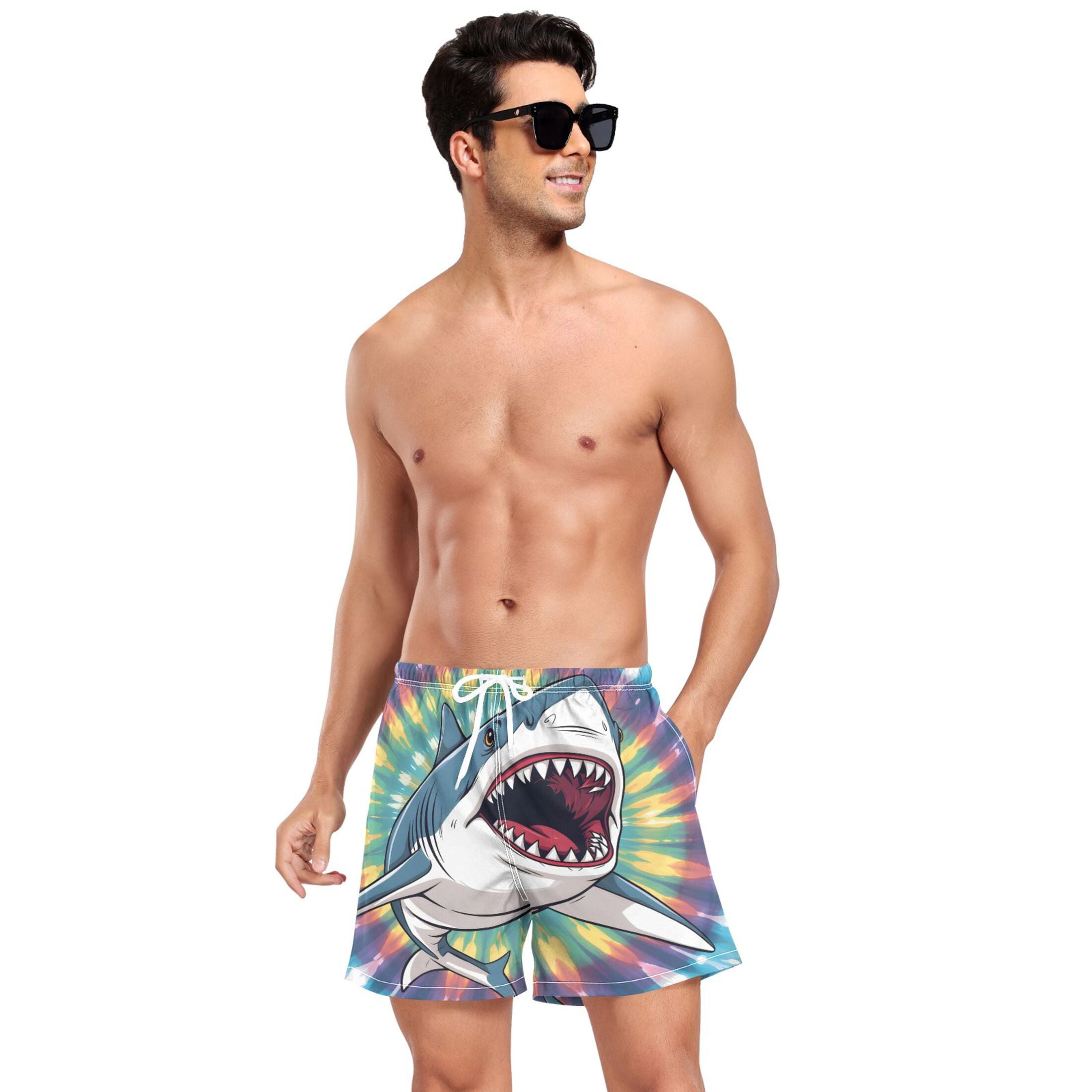 joogoo Men's Shark Tie Dye Swim Trunks with Liner Pocket Beach Shorts Large