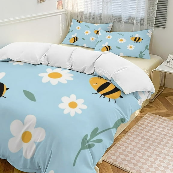 Cute Bees And Daisies Pattern 3D Duvet Cover Set Quilt Cover Theme of teenager for Bedroom Decoration