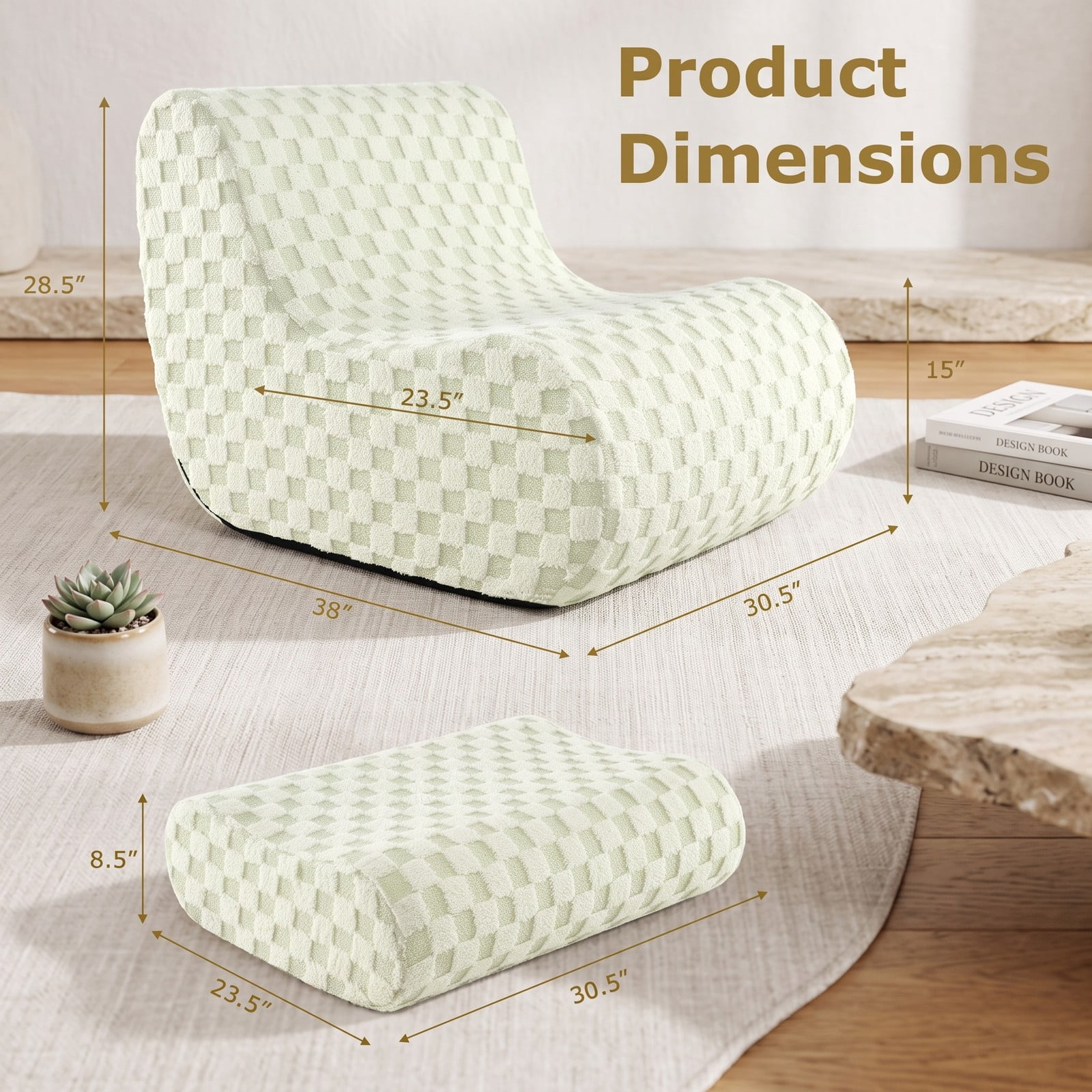 Furnibear Bean Bag Chair with Ottoman, Teddy Velvet Lounge Chair with Inclined Backrest, High Elasticity Sponge Filling, Machine-Washable Cover and Non-Slip, Green