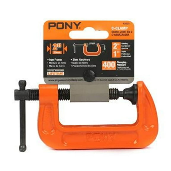 Pony 2620 Classic C-Clamp, 400 lb Clamping, 2 in Max Opening Size, 1 in D Throat, Ductile Iron Body, Orange Body