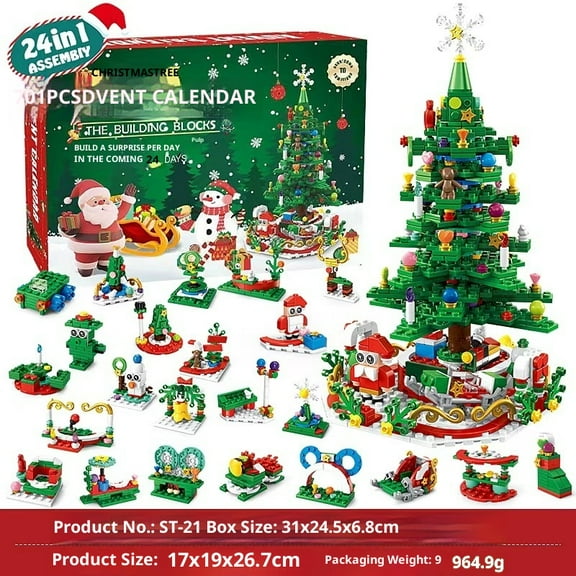 Advent Calendar Christmas Tree Building Blocks Toy Set with Warm light,24 Days Countdown Calendar Blocks for Christmas Tree,24 in 1 Vacation Advent Calendar Blocks,Christmas Gift for Kid Adult