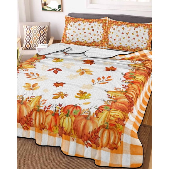 Fall Orange Pumpkin King Size Down Alternative Comforter, Lightweight Comforter Quilt Bedding Set with Pillow Shams Thanksgiving Maple Leaf Plaid Check All Seasons Bed Comforter Duvet Insert 96"x106"