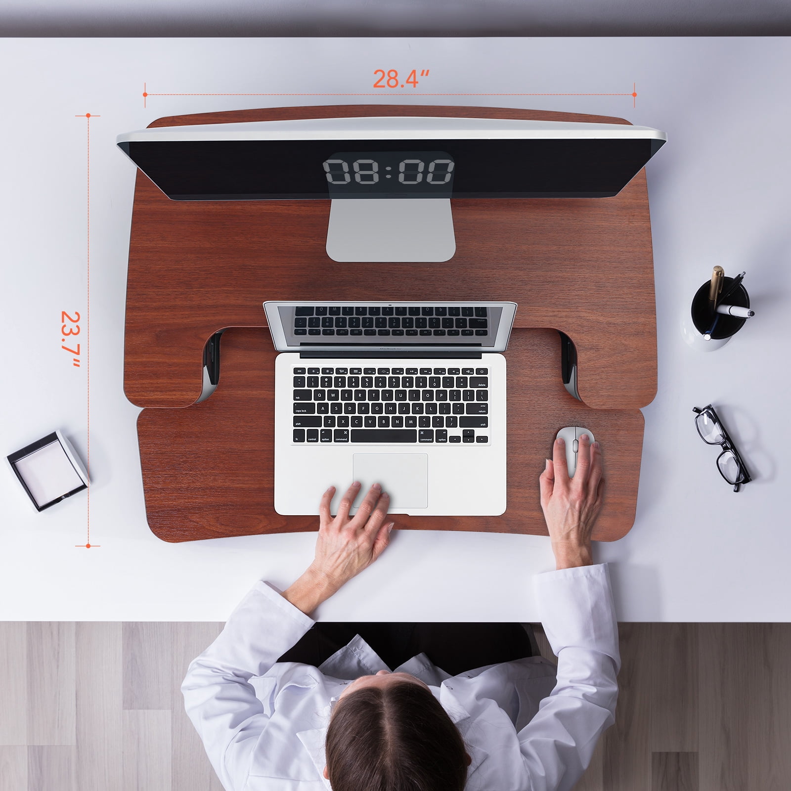FLEXISPOT Home Office Height Adjustable Standing Desk Converter Mahogany 28" U-Shape with Keyboard Tray