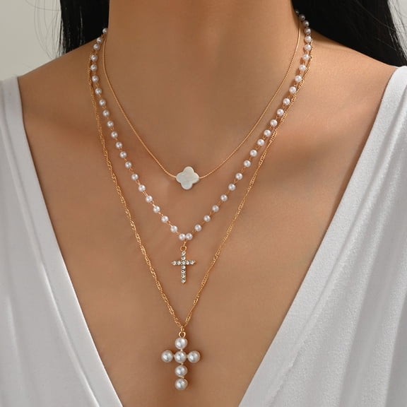 NICKSUN Layered Pearl Cross Necklaces for Women Stackable Multi Pearl Strand Necklace Dainty Vintage Cross Pearls Necklaces Trendy Gold Jewelry