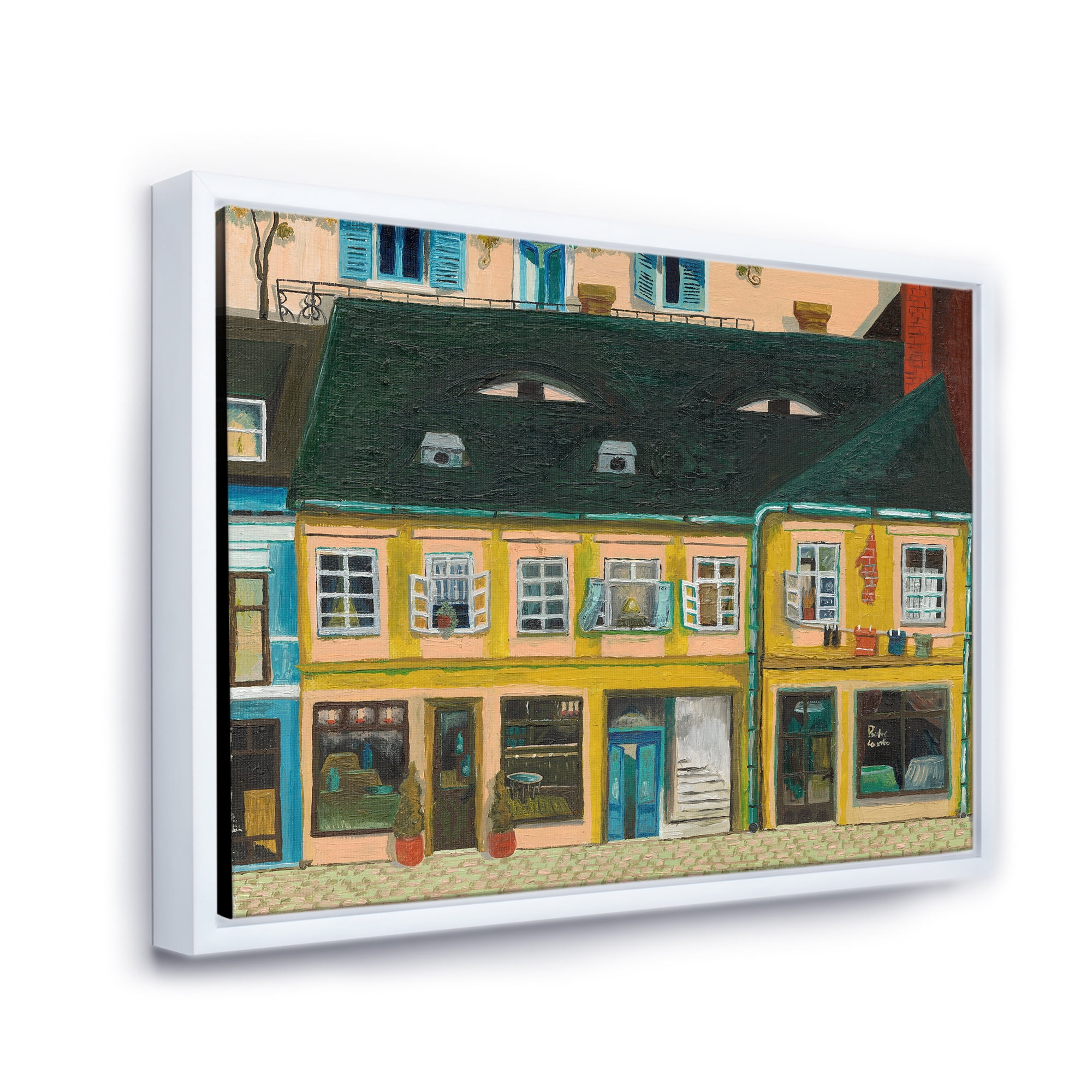 Designart 'Abstract Yellow Facade of Houses In Street In Paris' French Country Framed Canvas Wall Art Print